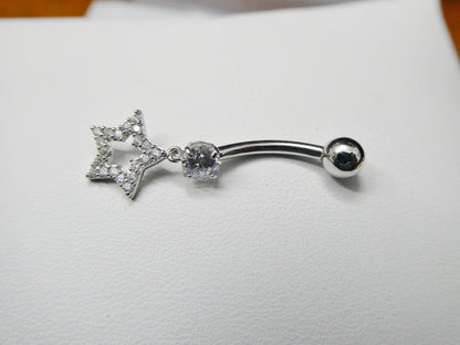 14k Real Solid Yellow Gold Dangling Star Belly Button Ring Piercing