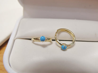 Real 10k Solid Yellow Gold Designer Polish Hoop Turquoise Huggie Earrings