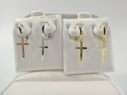 10k real solid yellow gold plain hoop huggie cross dropping