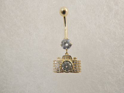 14k Real Solid Yellow Gold Camera Dangling Belly Button Ring Piercing