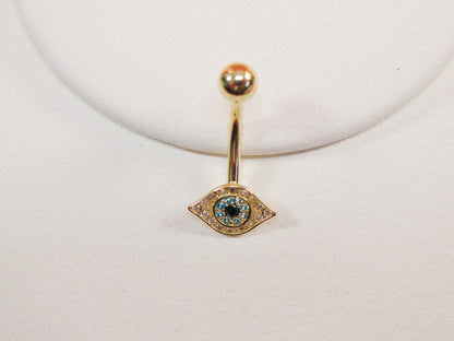 14k Real Solid Yellow Gold Evil Eye Belly Button Ring Piercing