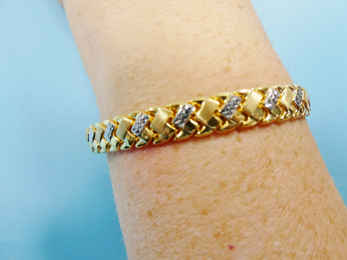 8 inch basket STAMPATO bracelet two tone color 14k yellow gold color finish over real 925 sterling silver