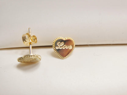 Real 10k Solid Yellow Gold Heart Love Push Post Earrings