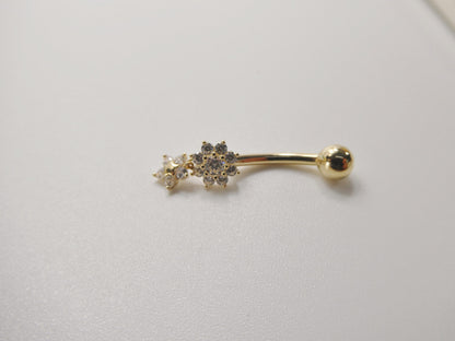 14k Real solid Yellow Gold Flower Bar Belly Button Ring Piercing