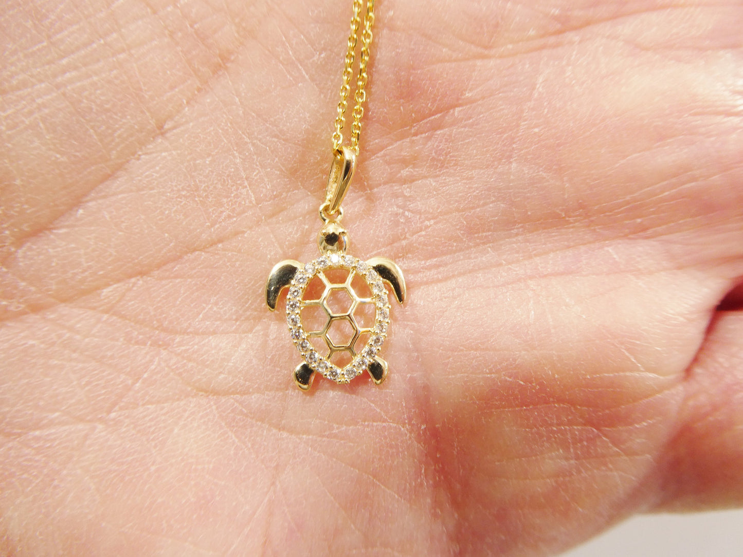 14k real solid yellow gold turtle pendent and cable necklace