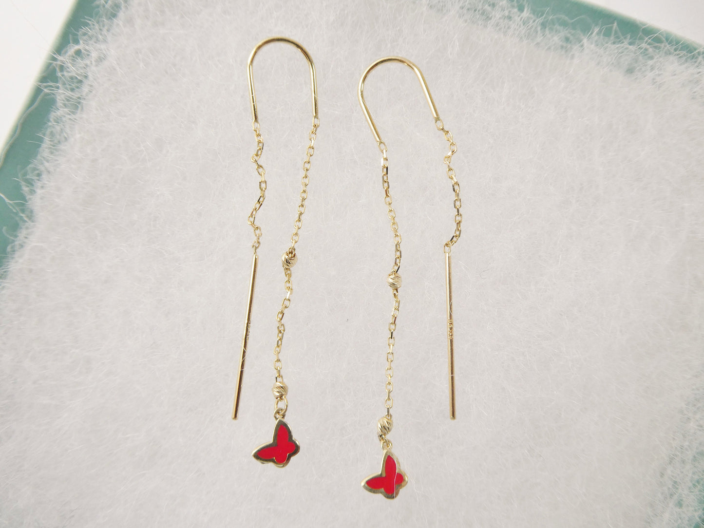 14k real solid yellow gold butterfly enamel long dangling earrings
