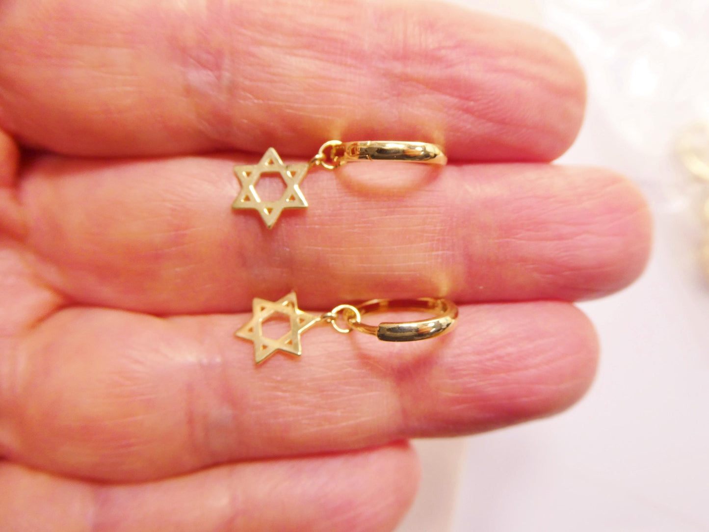 10k real solid gold star David dangle on plain huggie fancy earrings