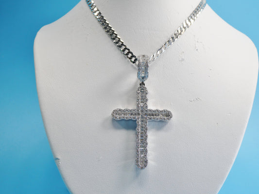 14k white gold color tone chain and large cross charm pendent over real 925 sterling silver