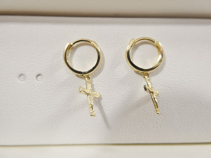 Real 10k Solid Yellow Gold Cross Dropping Hoop Huggie Earrings