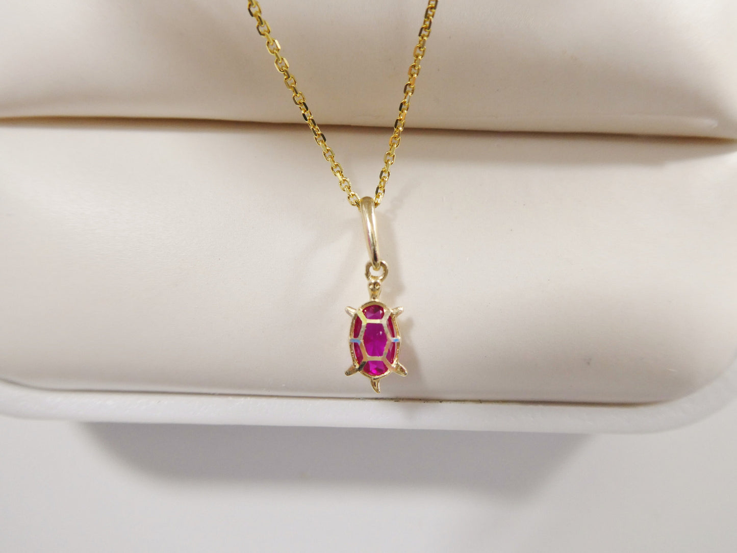 14k real solid yellow gold tiny color stone turtle pendent and cable necklace