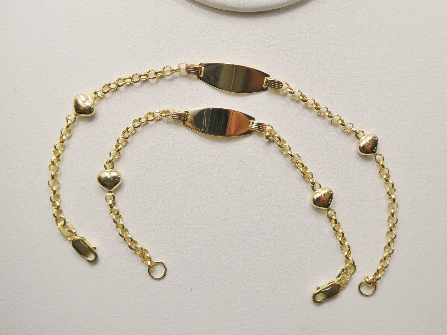 real 10k solid yellow gold 5.5/ 6.5 inch children/women double heart id bracelet