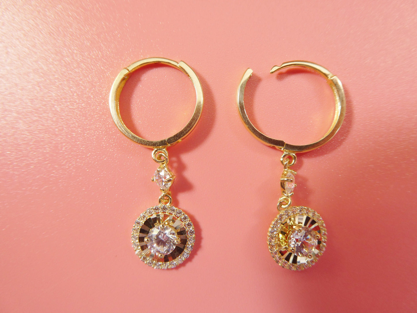 10k real yellow gold circle 4mm center dangle plain huggie earrings