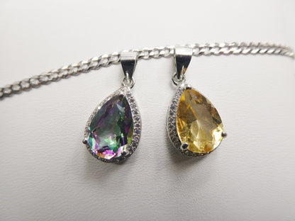 Real 925 Sterling Silver 18 Inch Flat Chain and Genuine <ystic Teardrop Pendent Charm