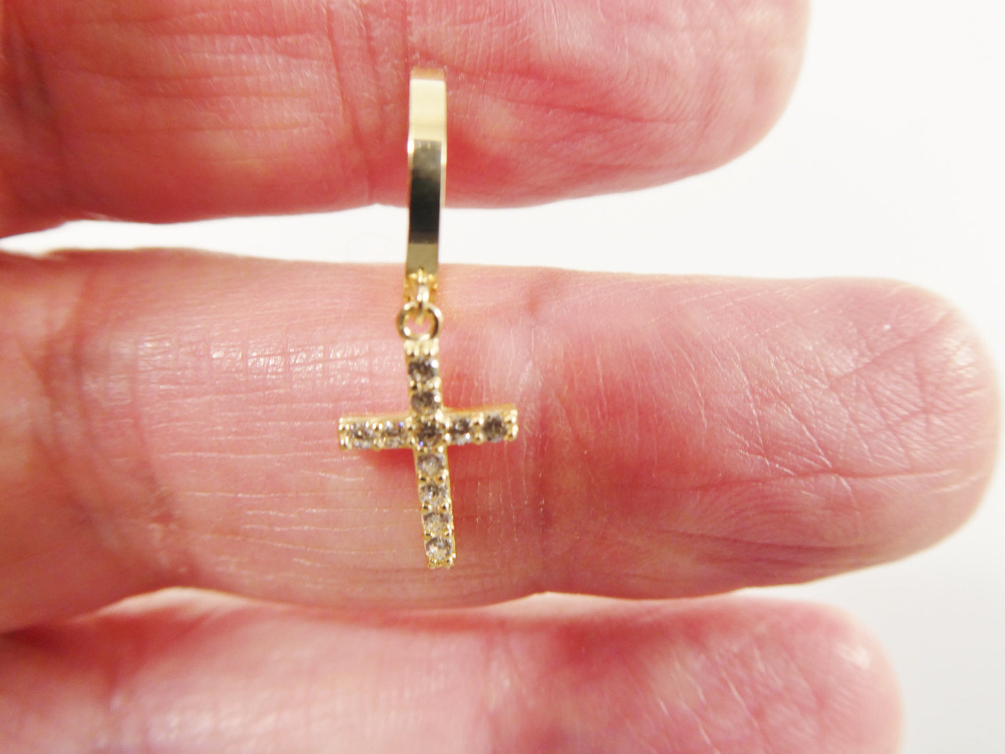 real 10k solid yellow gold cross dropping hoop huggie earring