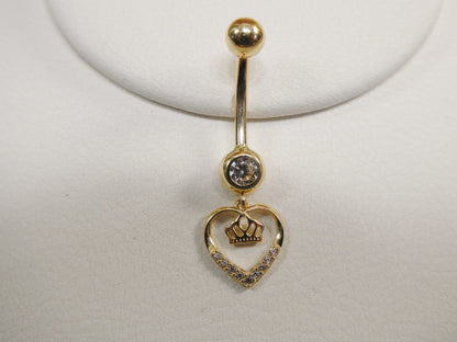 14k Real Solid Yellow Gold Dangling Crown Heart Belly Button Ring Piercing