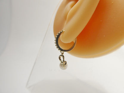 Real 10k Solid Yellow Gold Designer Pearl Drop Hoop Huggie Earrings