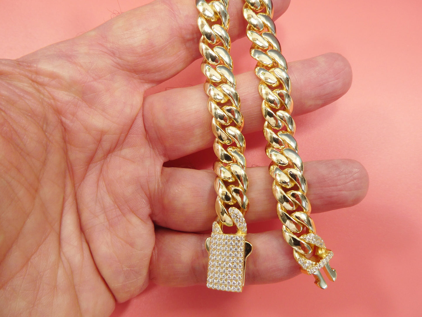 10MM real solid 925 sterling silver yellow gold color Monaco bracelet