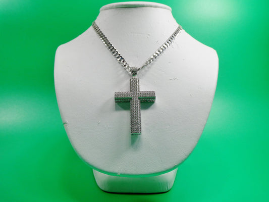 14k white gold color tone chain and large cross charm pendent over real 925 sterling silver
