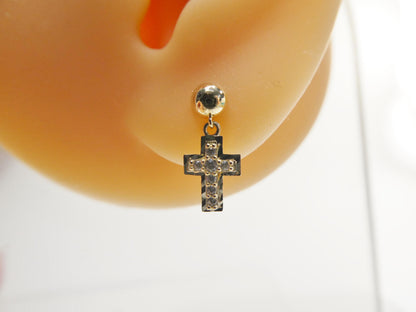 Real 10k Solid Yellow Gold Cross Dropping Push Post Earrings