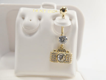 14k Real Solid Yellow Gold Camera Dangling Belly Button Ring Piercing