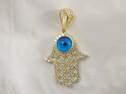 14k Real Solid Yellow Gold Full Stone Setting Evil Eye Hamsa Charm Pendent