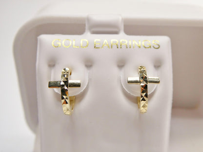 Real 10k Solid Yellow Gold Cross Hoop Huggie Earrings