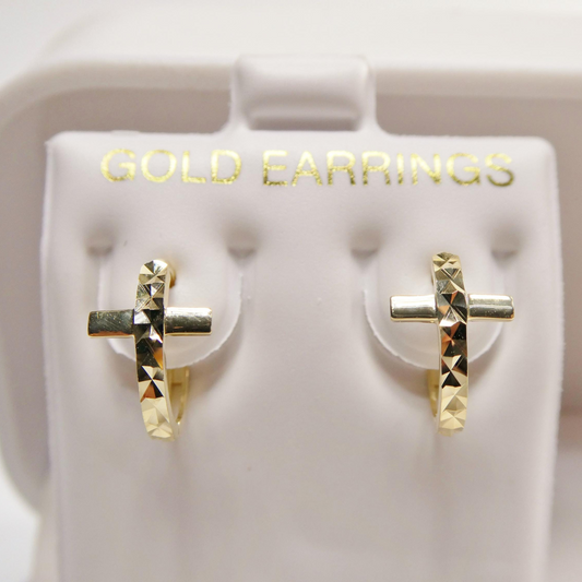 Real 10k Solid Yellow Gold Cross Hoop Huggie Earrings