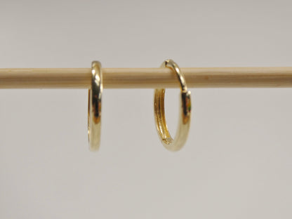 Real 10k Solid Yellow Gold 13.4mm High Polish Plain Hoop Huggie Earrings