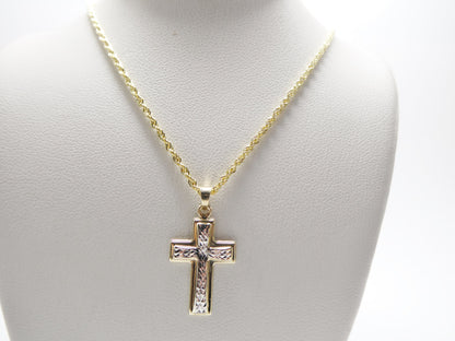 14k Real Solid Yellow Gold Two Tone Cross Pendent and Robe Necklace