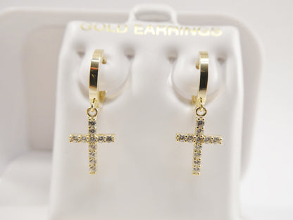 Real 10k Solid Yellow Gold Cross Dropping Hoop Huggie Earrings