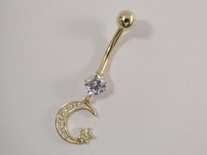 14k Real Solid Yellow Gold Dangling Moon And Star Belly Button Ring Piercing