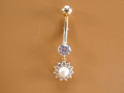 14k Real Solid Yellow Gold Dangling Freshwater Real Pearl Belly Button Ring Piercing
