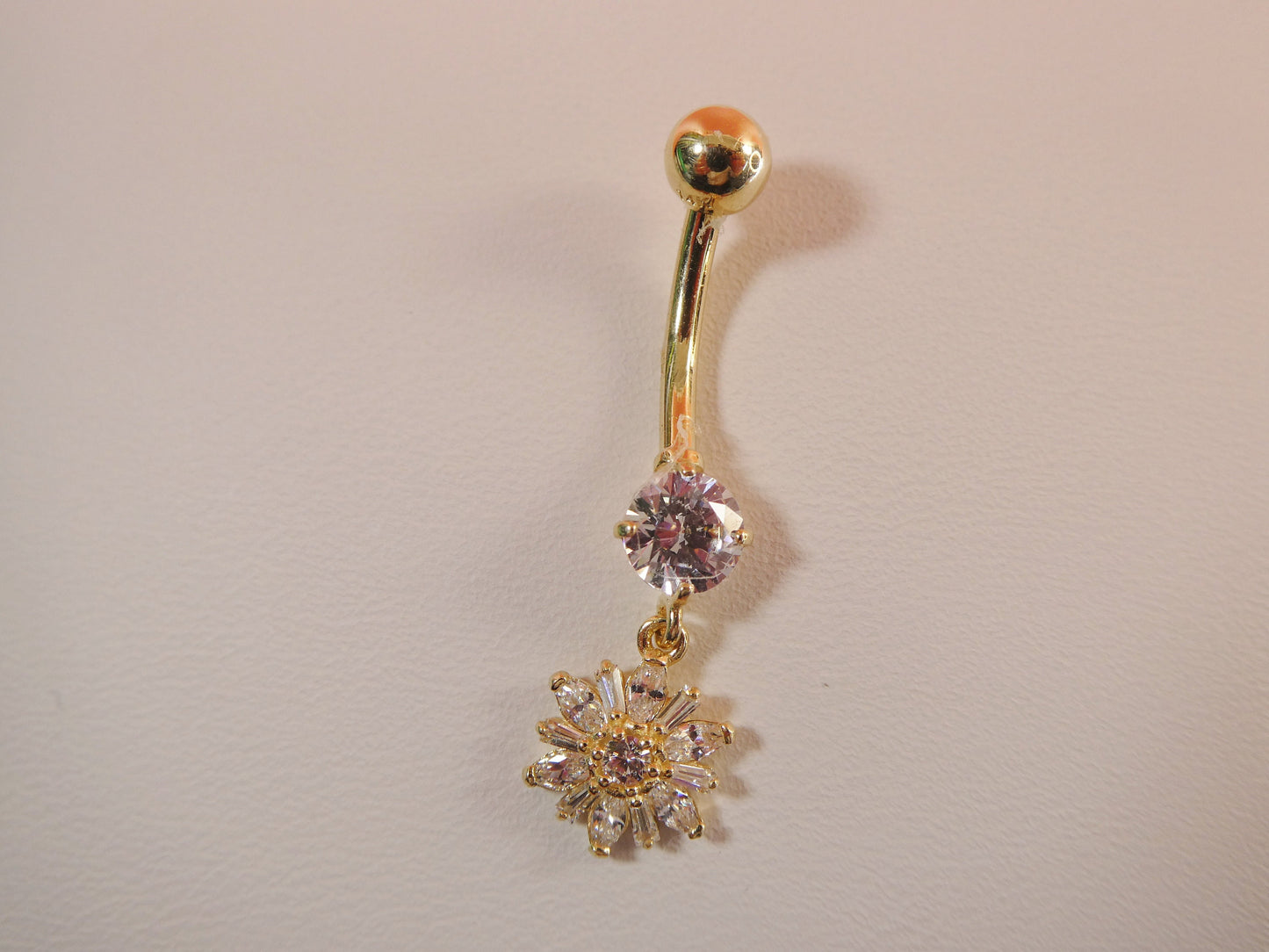 14k real solid yellow gold dangling flower belly button ring piercing