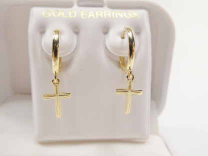 Real 10k Solid Yellow Gold Cross Dropping Hoop Huggie Earrings