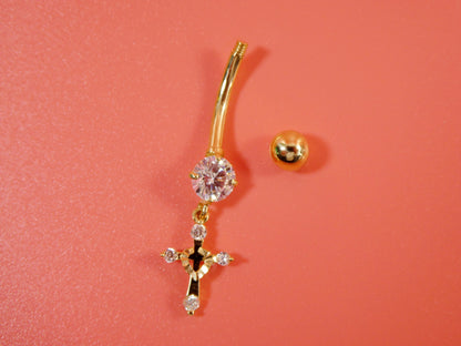 14k Real Solid Yellow Gold Dangling Cross Belly Button Ring Piercing