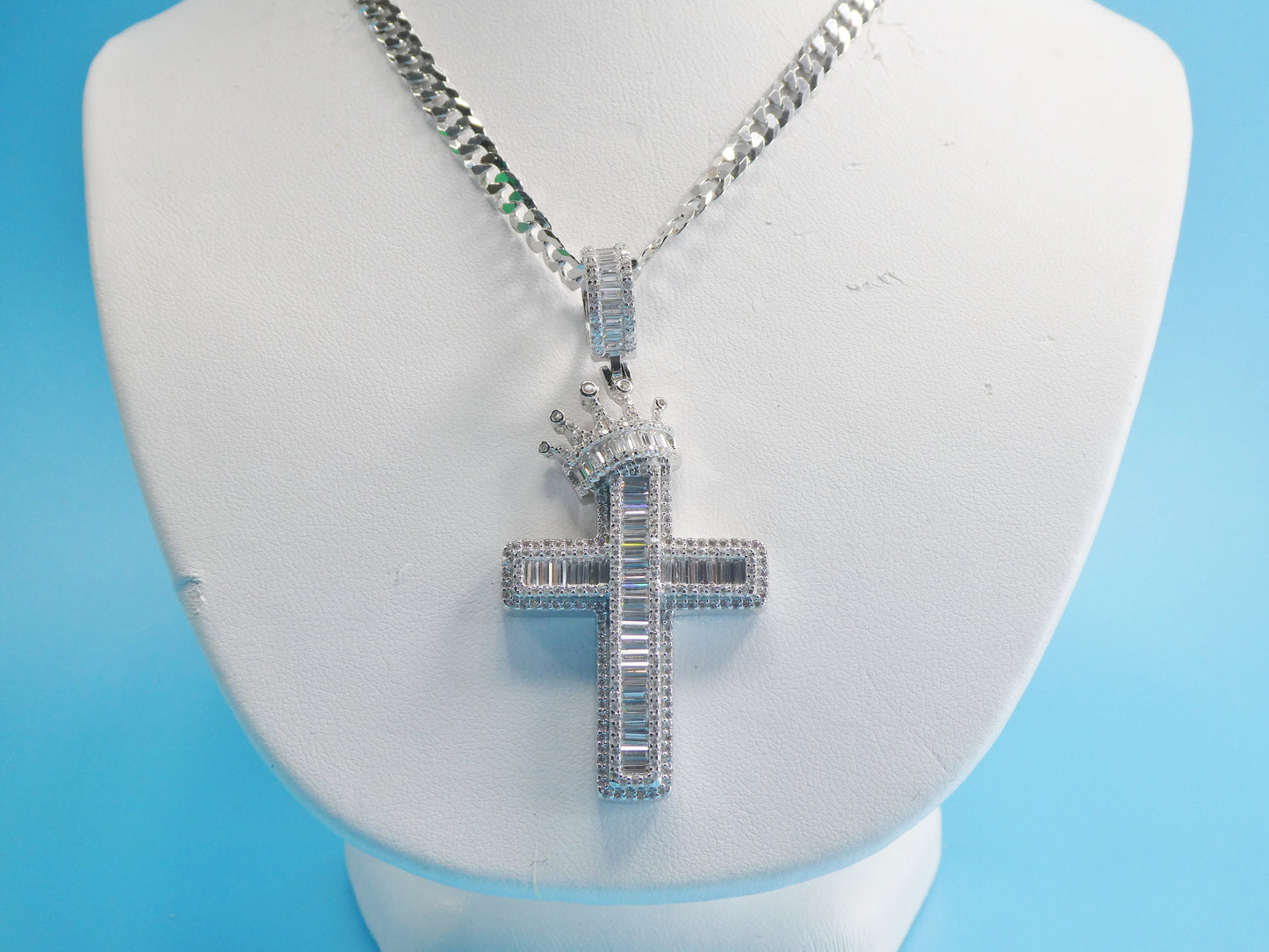 14k white gold color tone chain and large crown cross charm pendent over real 925 sterling silver