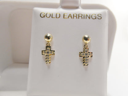 Real 10k Solid Yellow Gold Cross Dropping Push Post Earrings