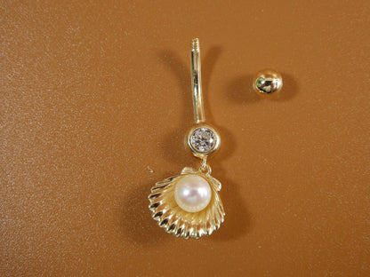 14k Real Solid Yellow Gold Freshwater Pearl Shell Belly Button Ring Piercing