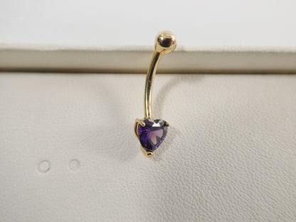14k Real Solid Yellow Gold 6mm Heart Amethyst Stone Belly Button Ring Piercing