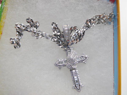 Real 925 Sterling Silver 22 Inch Flat Chain and Moissanite Cross Pendent Charm