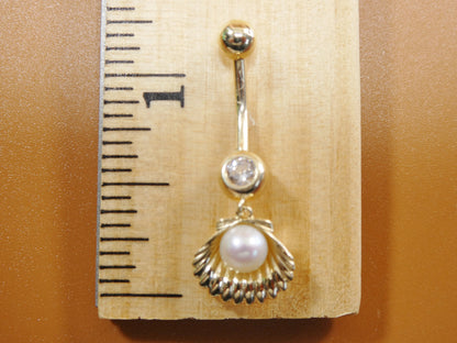 14k Real Solid Yellow Gold Freshwater Pearl Shell Belly Button Ring Piercing