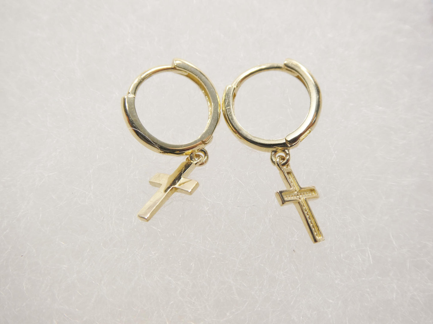 real 10k solid yellow gold cross dropping hoop huggie earring