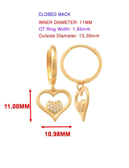 Real 10k Solid Yellow Gold Double Heart Dropping Huggie Earrings