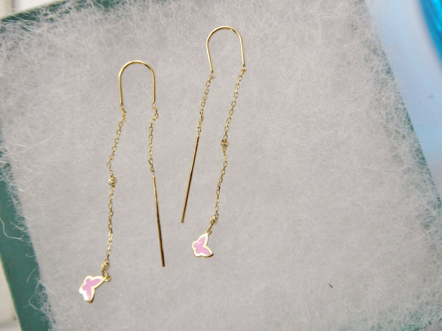 14k real solid yellow gold pink butterfly long dangling earrings