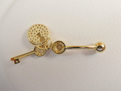 14k Real Solid Yellow Gold Dangling Lock And Key Belly Button Ring Piercing