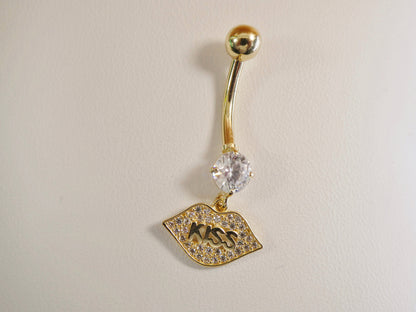 14k Real Solid Yellow Gold Dangling Logo Kiss Lips Belly Button Ring Piercing