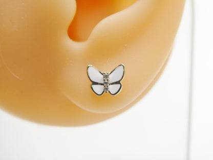 Real 10k Solid Yellow Gold White Enamel Butterfly Screw Back Earrings