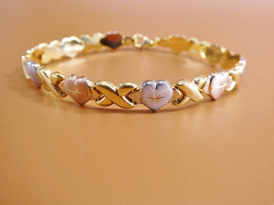 6.5 7/ 8 inch xoxo heart stampato bracelet tri color tone 14k yellow gold color finish over real 925 sterling silver