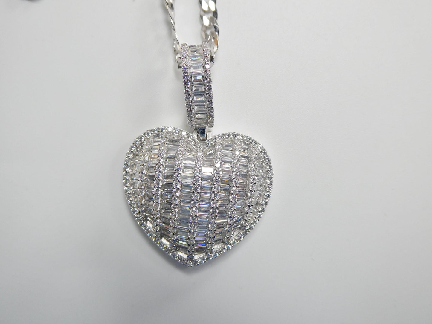 Sterling Silver Heart Pendant Necklace: Cuban Chain, Cubic Zirconia