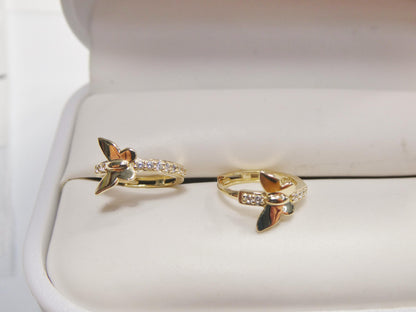 Real 10k Solid Yellow Gold Designer Butterfly Hoop Huggie Earrings